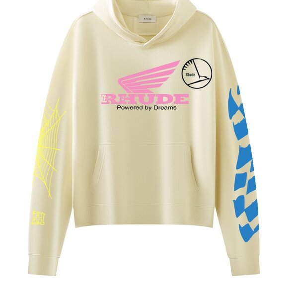 Rhude Beige 'Powered by Dreams' Wing & Spider Web Graphic Print Hoodie - Picture 1 of 8